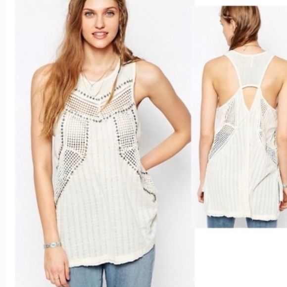 Free People Trinity boho crochet knit eyelet beaded top Size L - Picture 2 of 4